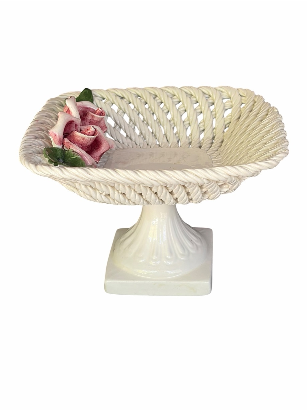 Vintage Capodimonte Italy Porcelain Pedestal Basket Bowl with Pink Roses